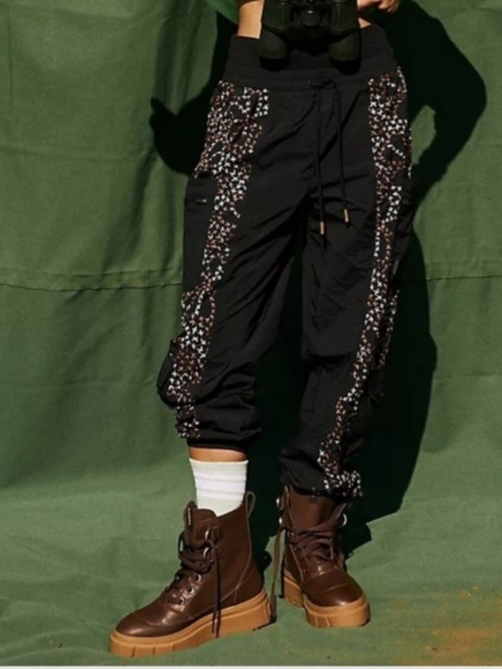 Free People Movement Mystic Moon Black Cargo Joggers embroidery